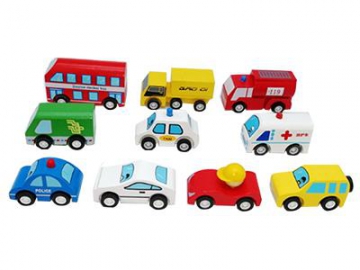 Conjunto de carrinhos de madeira (ônibus, táxi, carro de polícia)